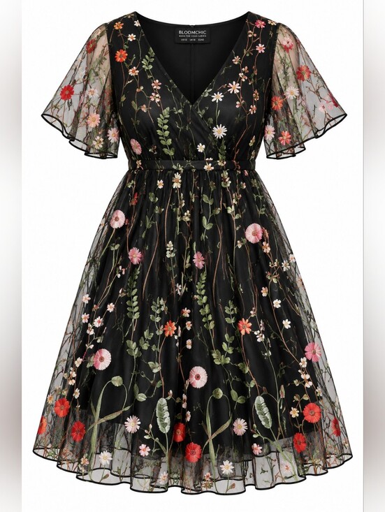 BloomChic Dresses & Skirts - BloomChic Black Embroidered Floral Midi Dress